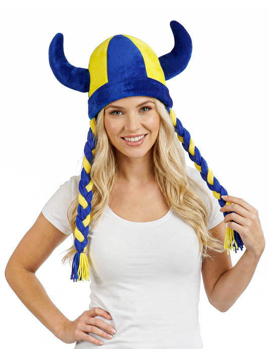 Casco de tela con cuernos y trenzas de hincha azul y amarillo Suecia