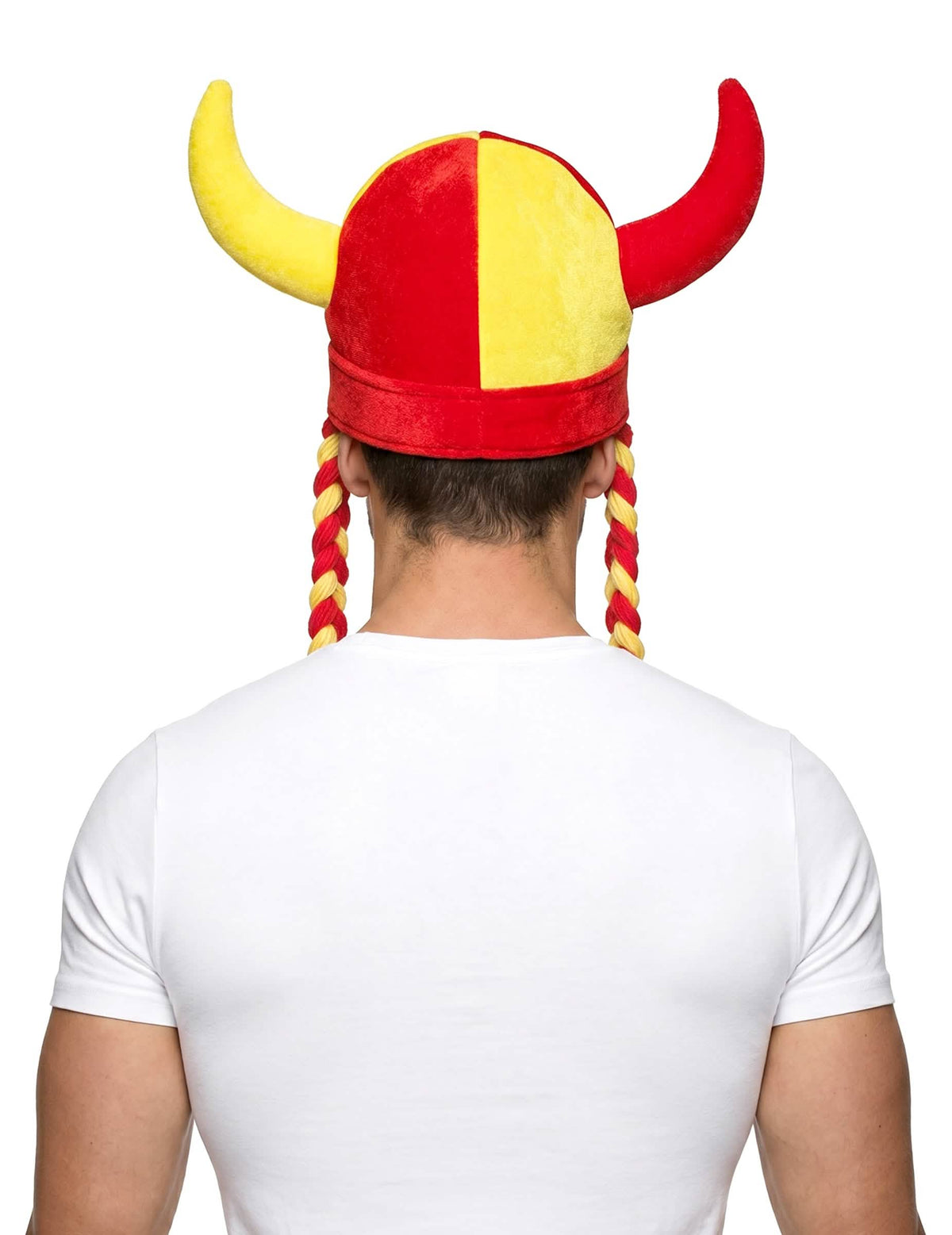 Casco de tela con cuernos y trenzas de hincha rojo y amarillo España