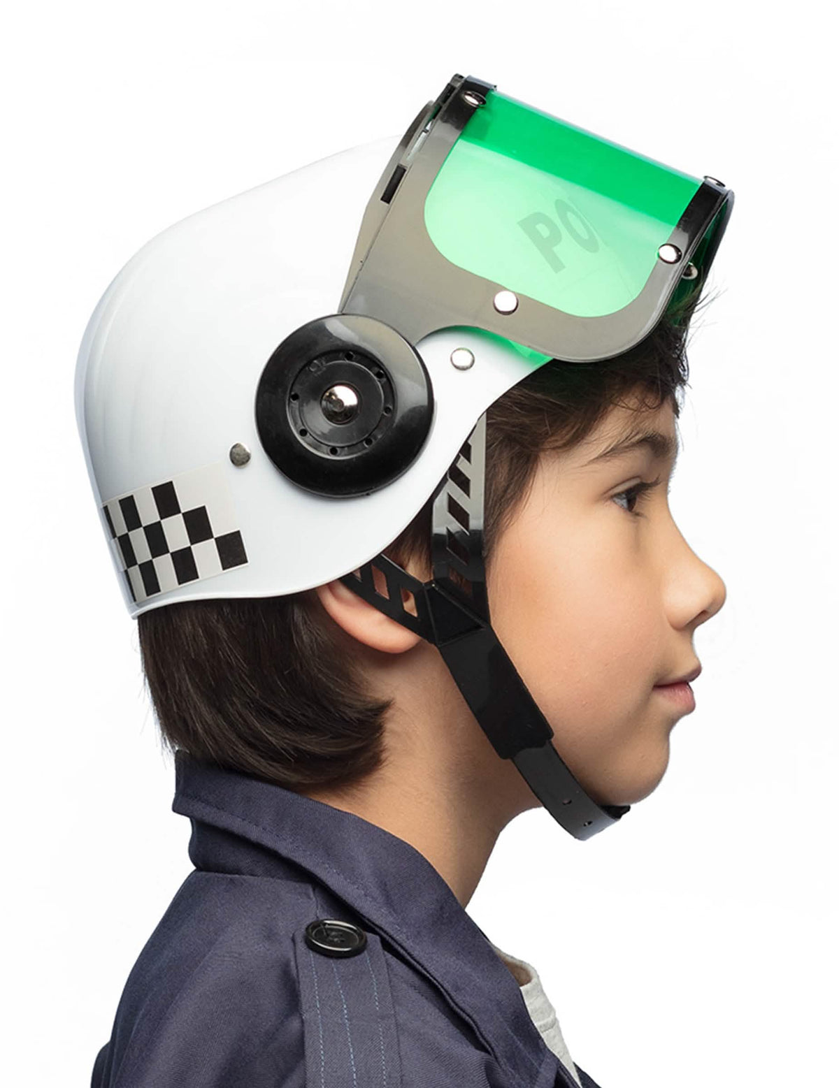 Vista de perfil con la visera levantada del casco de policía para niño