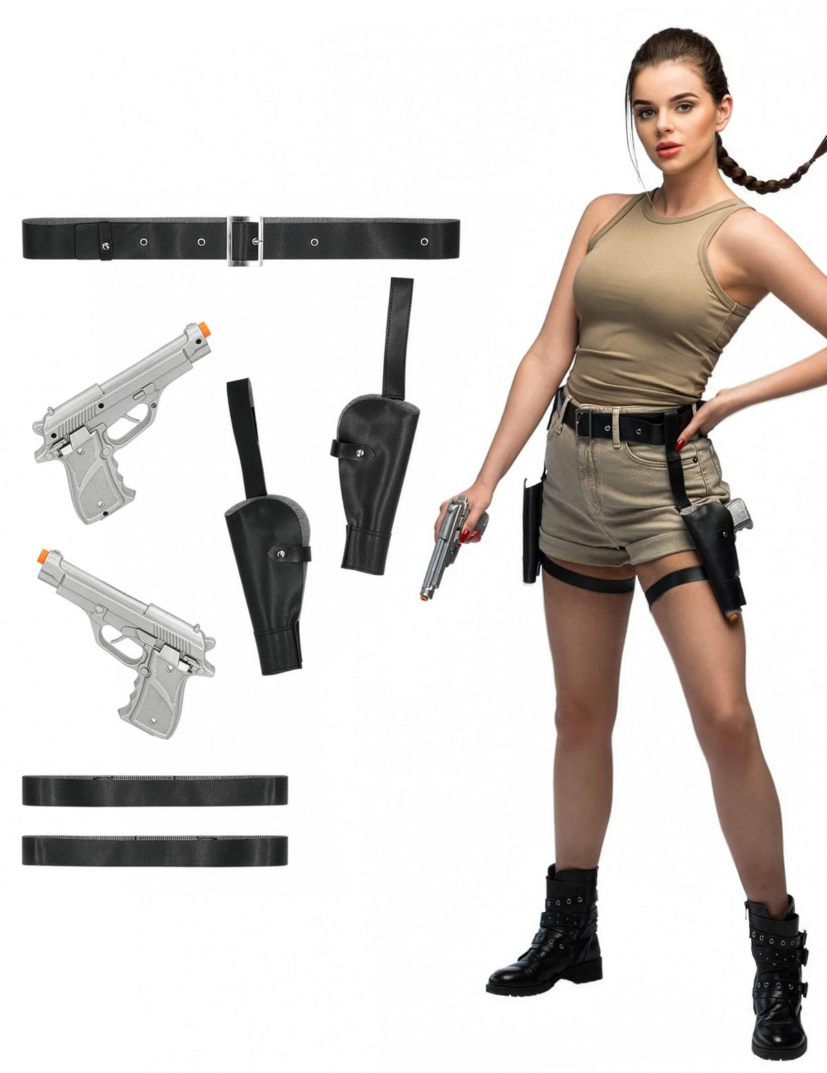 Vista general de los accesorios incluidos del cinturón aventurero con pistolas
