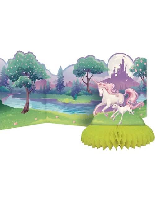 Centro de mesa de cartón unicornio mágico para niño con decoración de paisaje y base alveolada verde