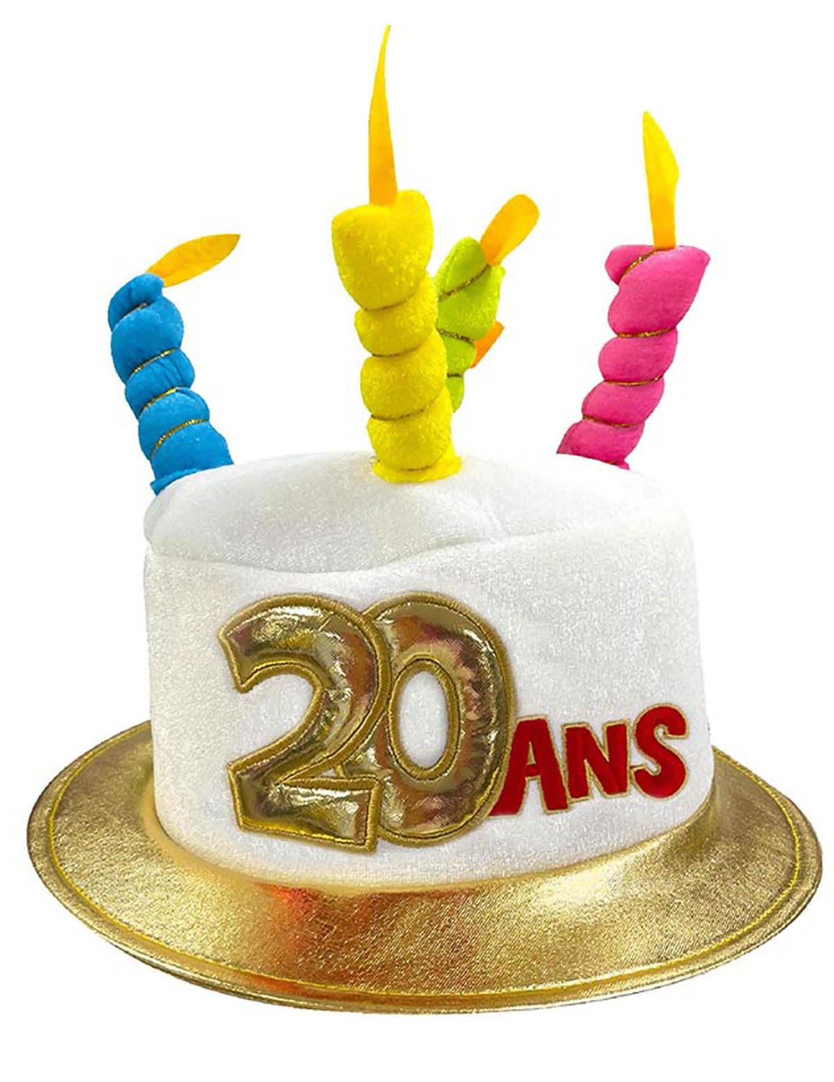 Sombrero de cumpleaños de 20 años para adulto blanco con velas multicolores y ribete dorado