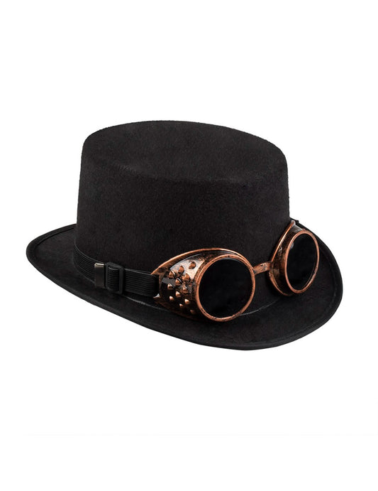 Vue de trois-quarts du chapeau avec lunettes Steampunk