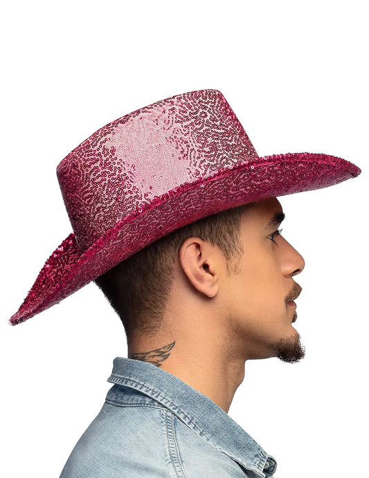 Vue de profil du chapeau de cowboy à sequins rose fuchsia