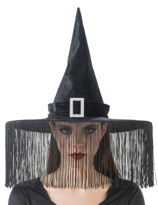 Sombrero de bruja negro con flecos adulto