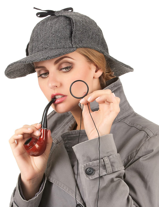 Vue de face avec accessoires du chapeau détective anglais pour adulte