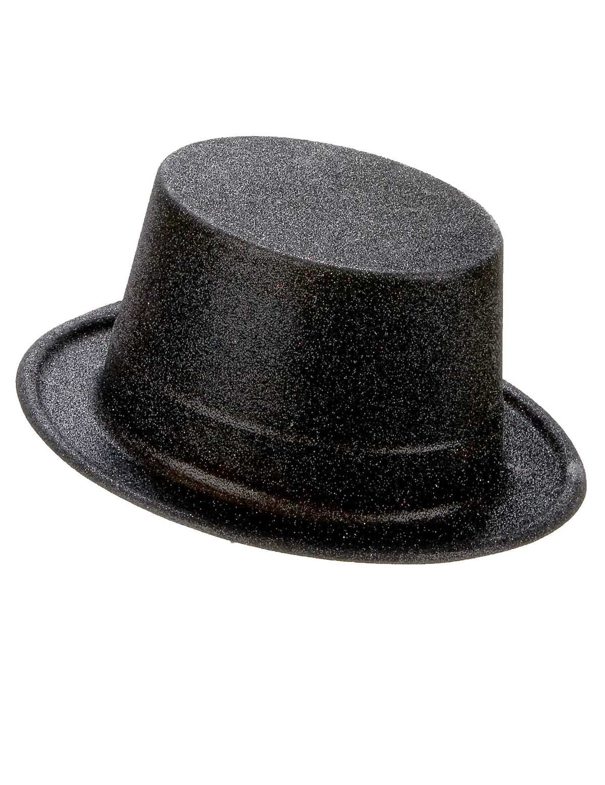 Vista de perfil del sombrero de copa para adulto negro de plástico con purpurina