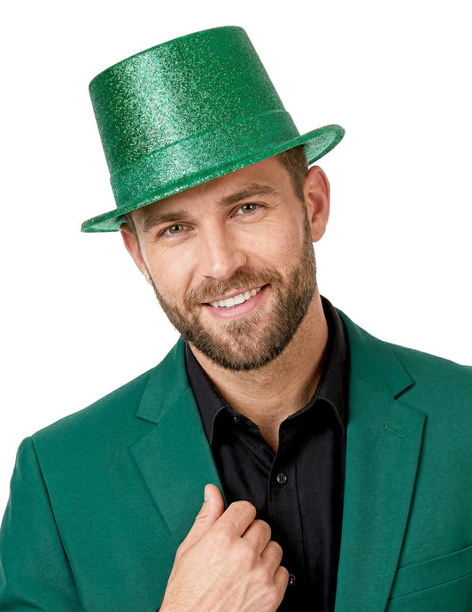 Sombrero de copa de plástico con brillantina verde adulto