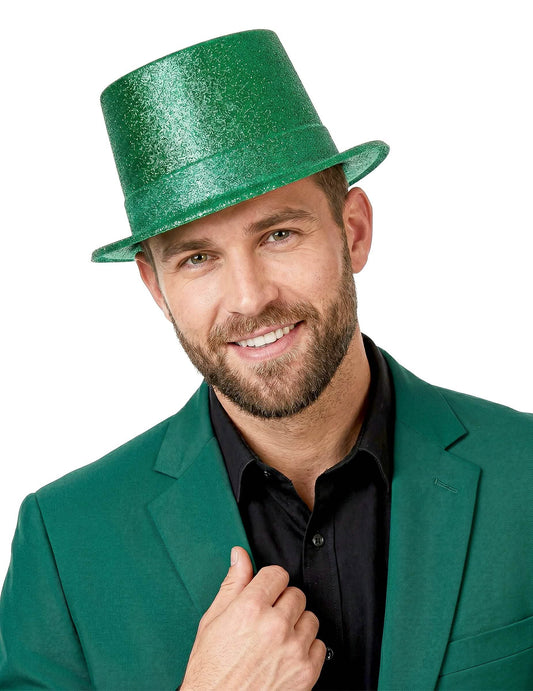 Sombrero de copa de plástico con brillantina verde adulto