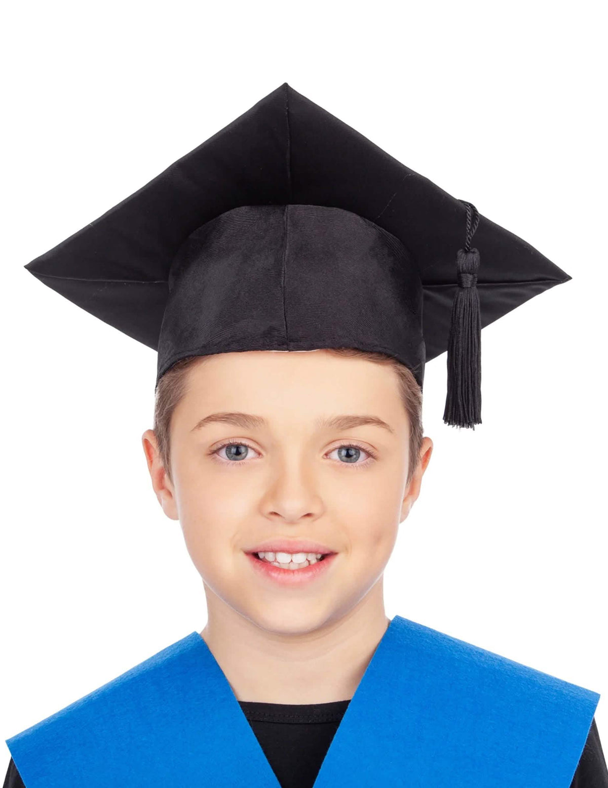 Sombrero de graduado para niño negro con borla y cuello azul