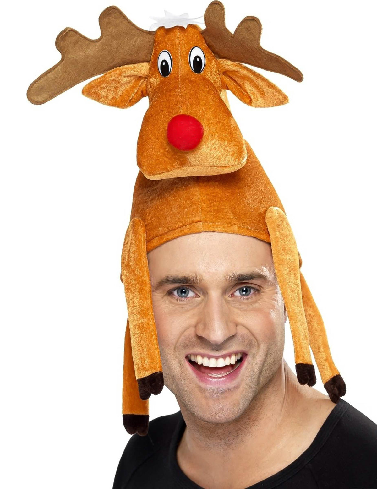 Gorro de reno de navidad para adulto marrón con nariz roja