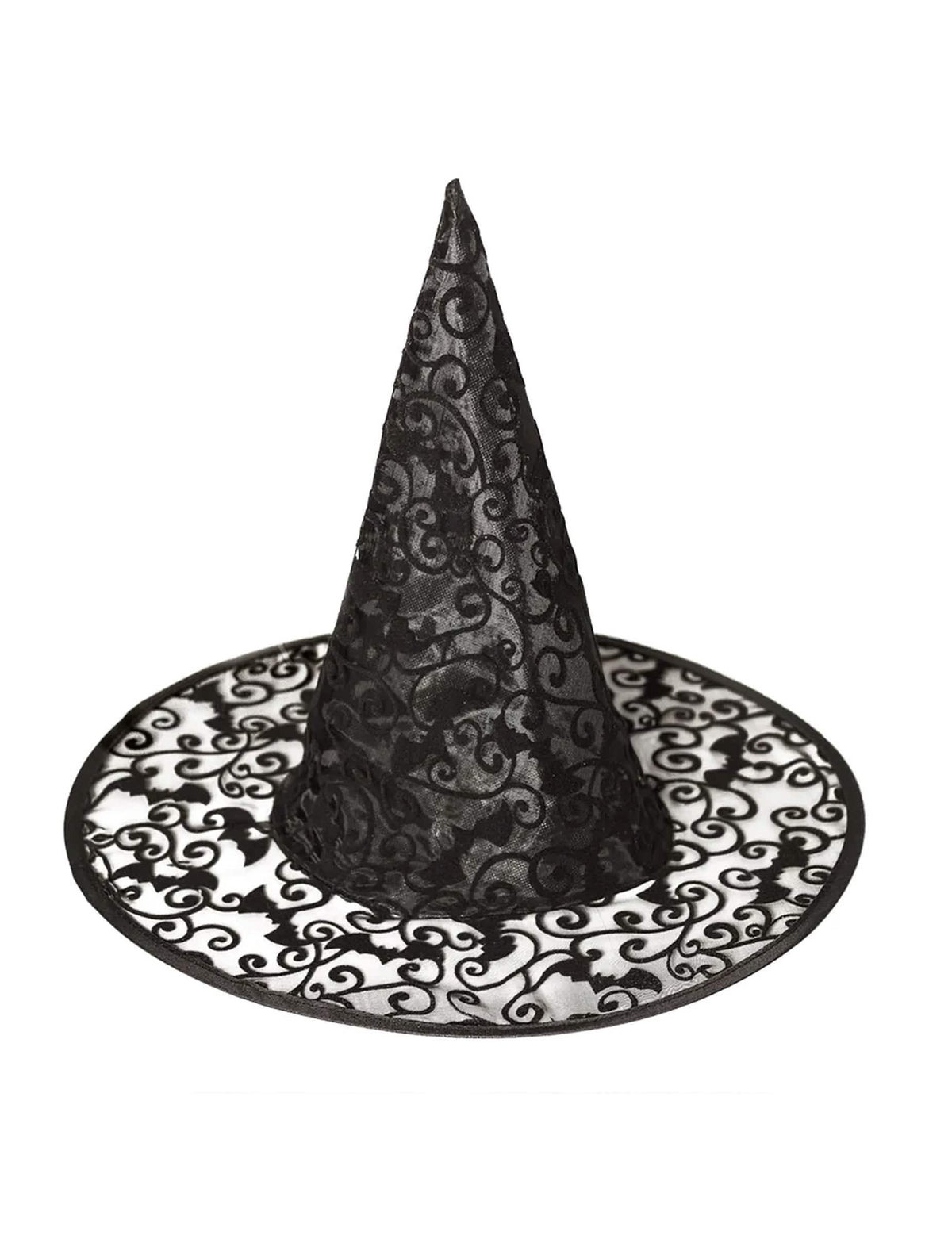 Detalle de los motivos de murciélagos de encaje del sombrero de bruja halloween
