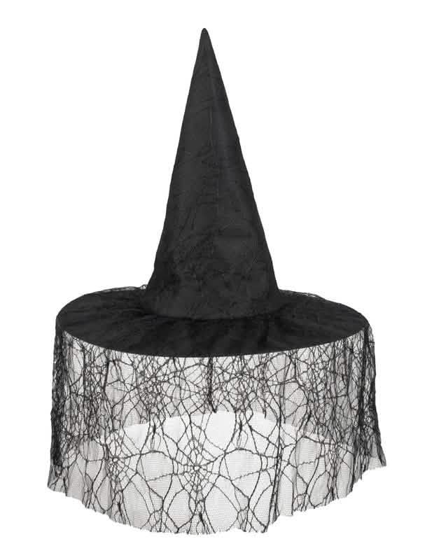 Vista frontal del sombrero de bruja para mujer negro con velo de araña