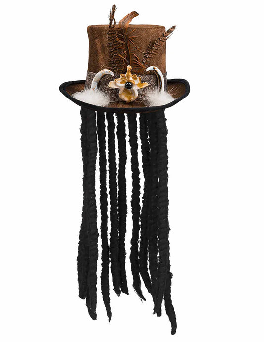Vue de face du chapeau vaudou avec cheveux pour adulte