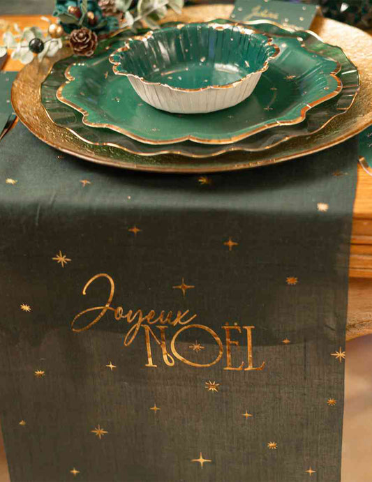 Camino de mesa Feliz Navidad atemporal verde inglés y dorado 28 cm x 3 m