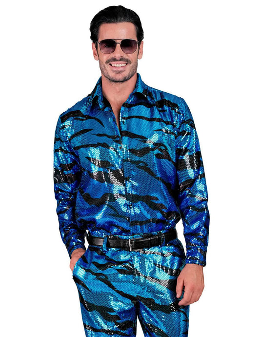 Camisa azul ondulada con lentejuelas para hombre