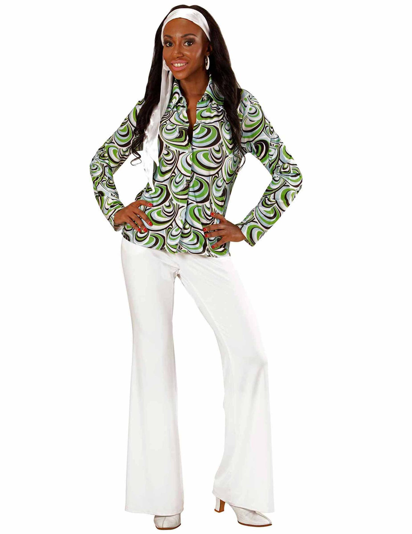 Chemise groovy waves années 70 pour femme verte et noire à motifs vagues