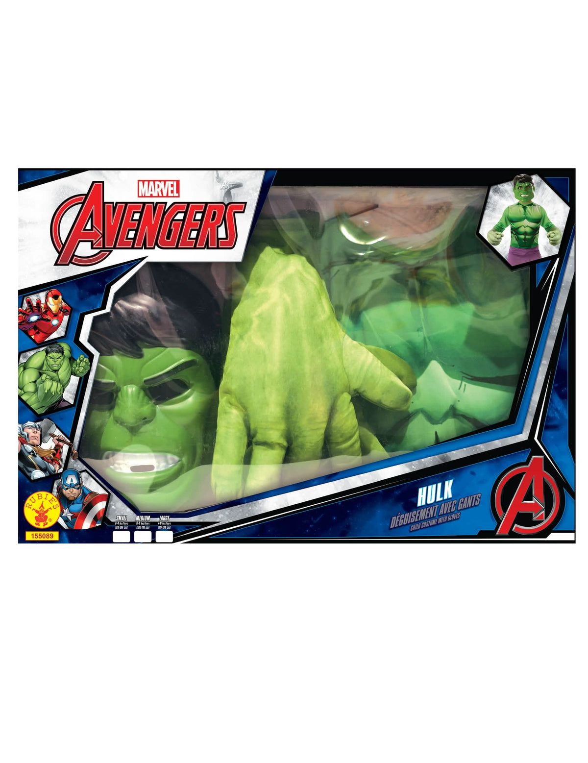 Vista del embalaje con máscara y guantes del set clásico Hulk con guantes gigantes para niño
