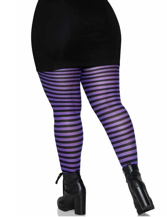 Vue de dos des collants rayés pour femme noirs et violets grande taille