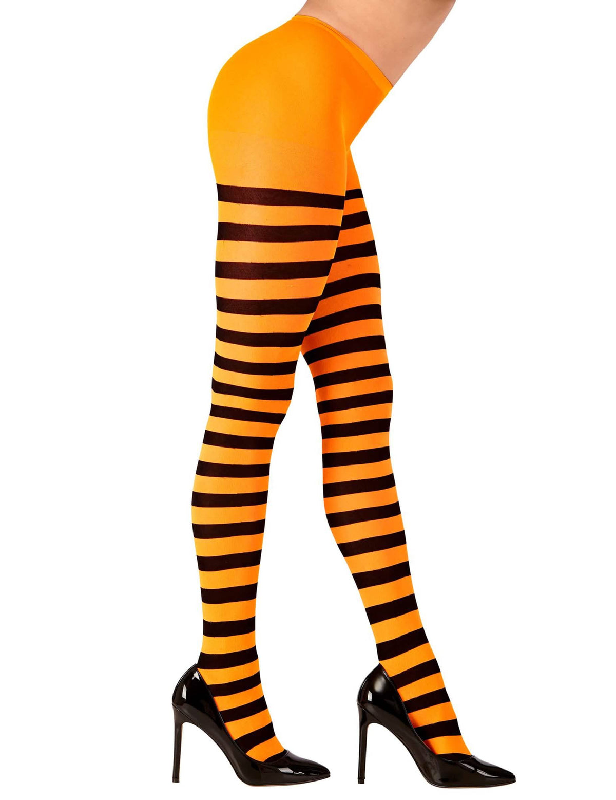 Vista de perfil de las medias rayadas para adulto naranja y negras