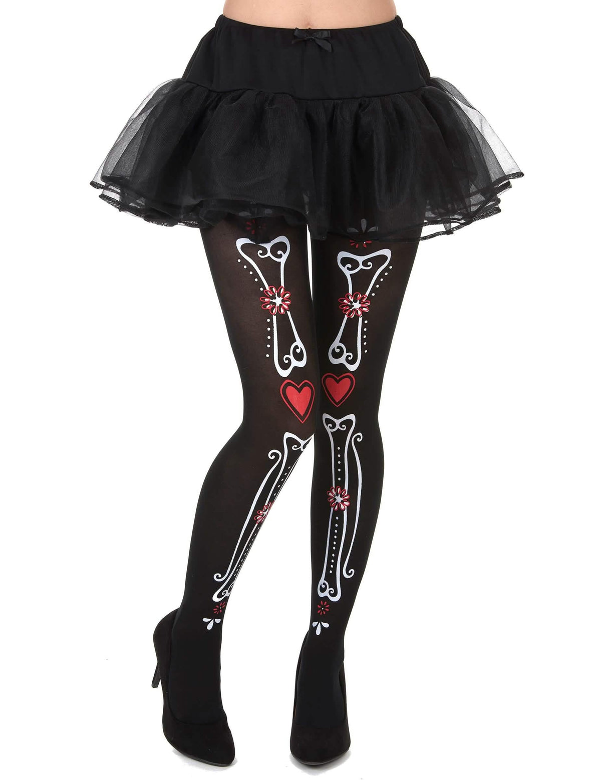 Pantys de esqueleto día de los muertos para mujer negros con motivos de huesos y flores rojas