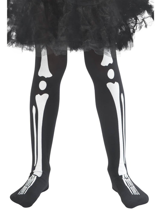 Gros plan sur l'imprimé os des jambes du collants squelette Halloween