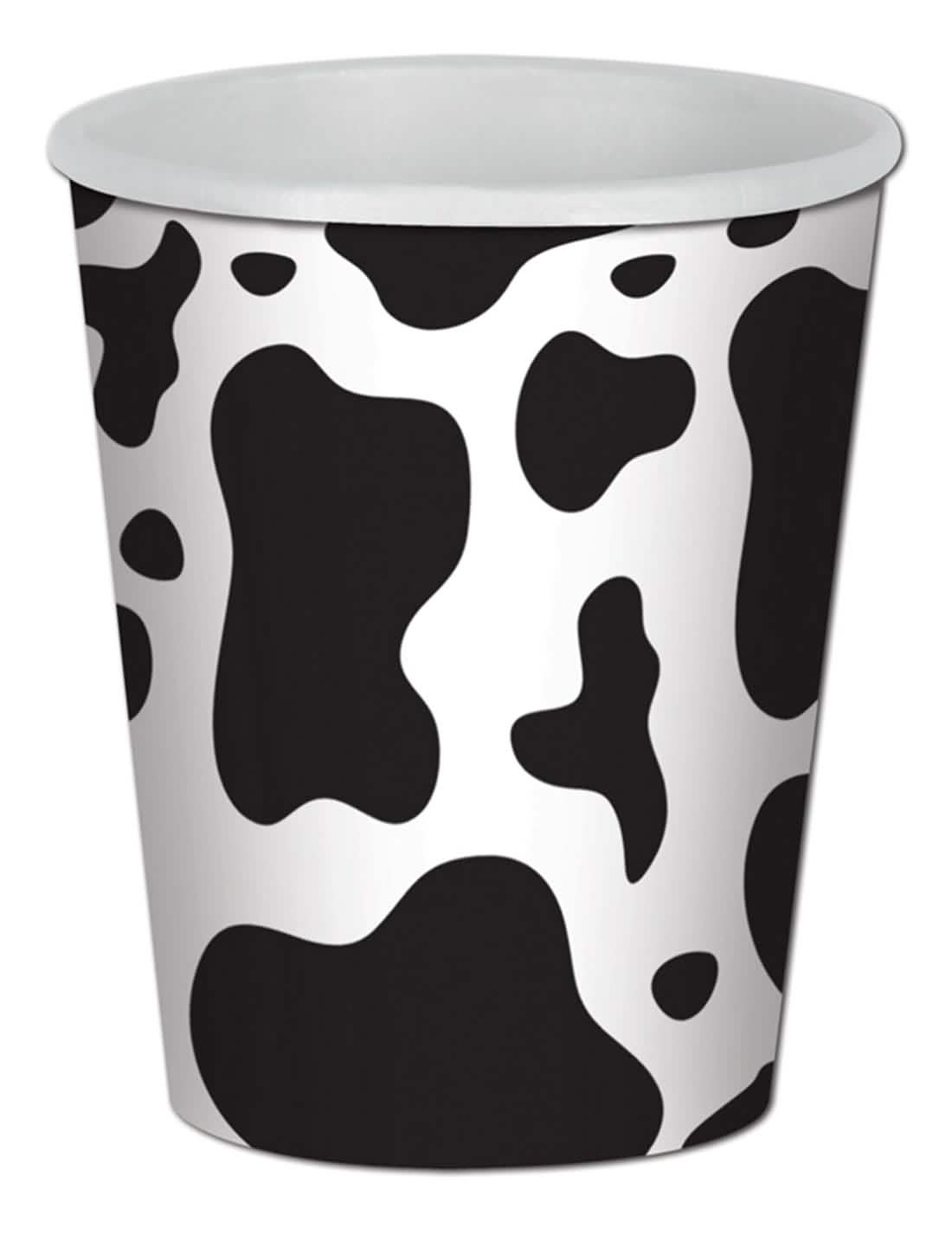 Vasos de cartón con estampado de vaca blanco y negro
