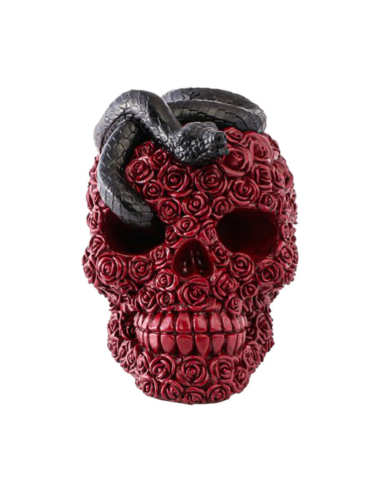 Calavera de resina con rosas rojas y serpiente negra 10,5 x 15 x 13 cm