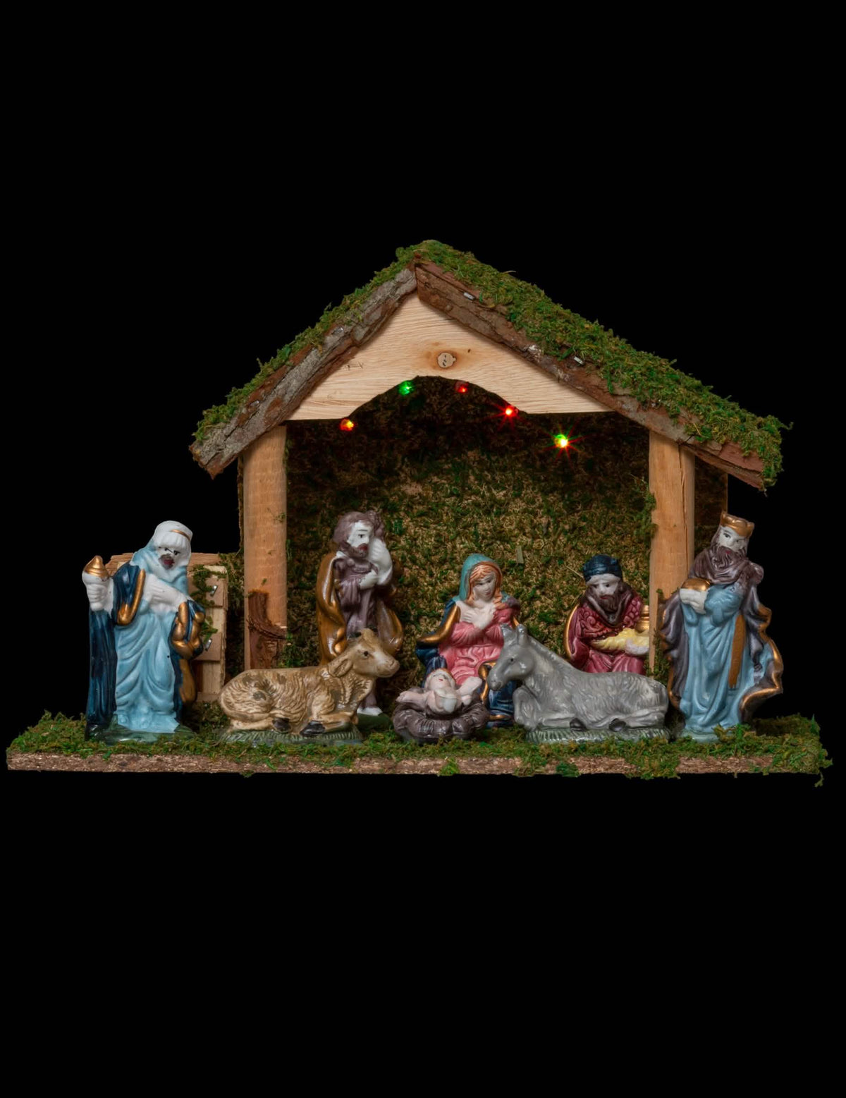 belén de navidad luminoso con 8 figuritas multicolor de madera y espuma