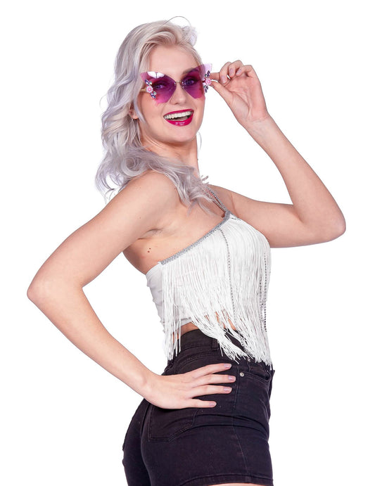 Crop-top festival de flecos blanco mujer
