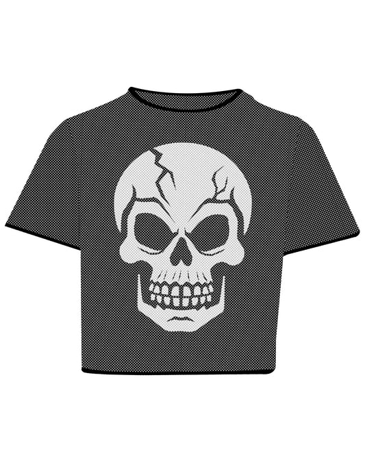 Crop top de rejilla negro con calavera para adulto
