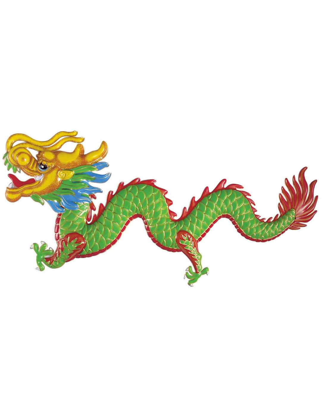 Decoración de dragón para nochevieja china verde y rojo con detalles amarillos y azules