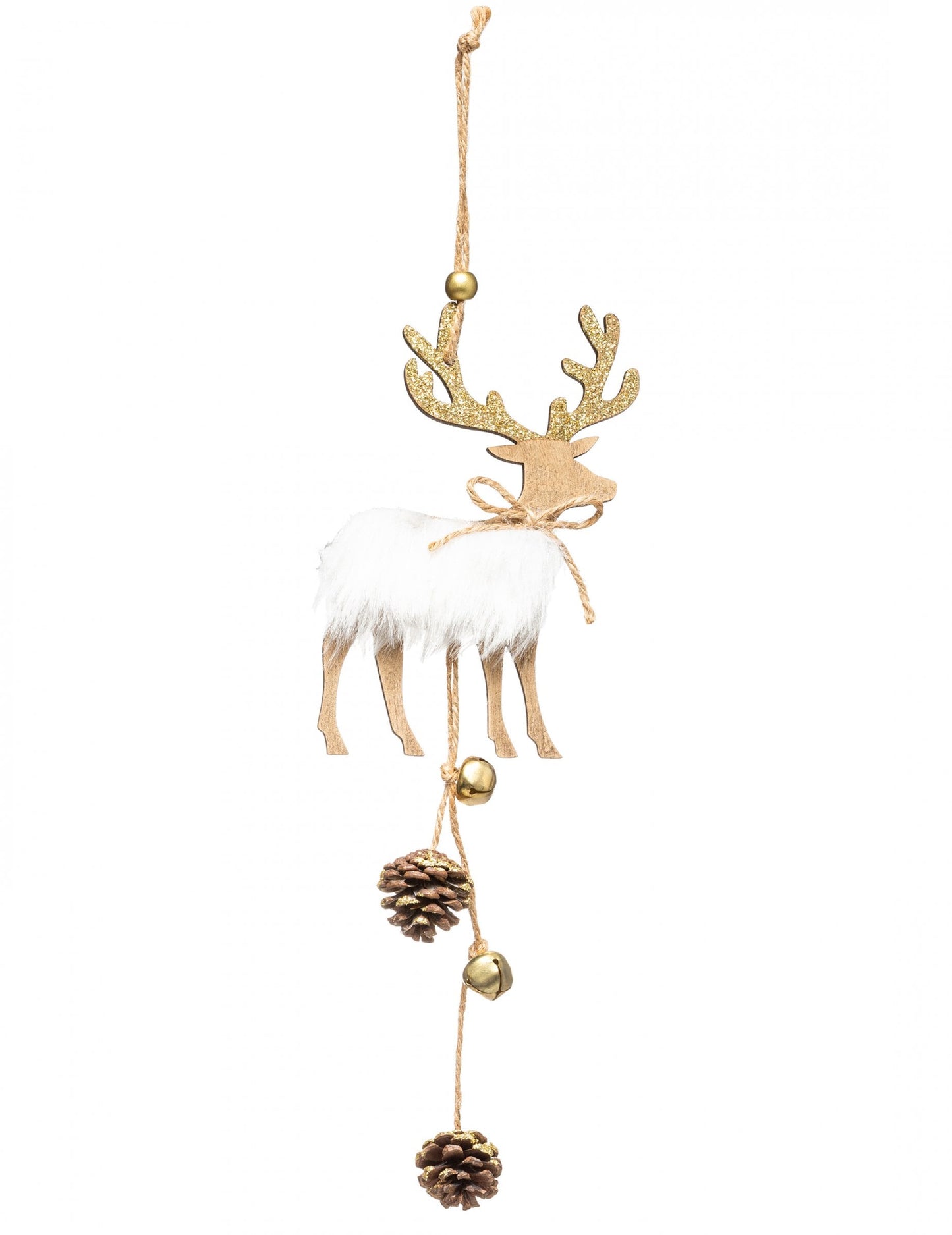 Décoration à suspendre en bois renne pour Noël blanc et doré avec fourrure