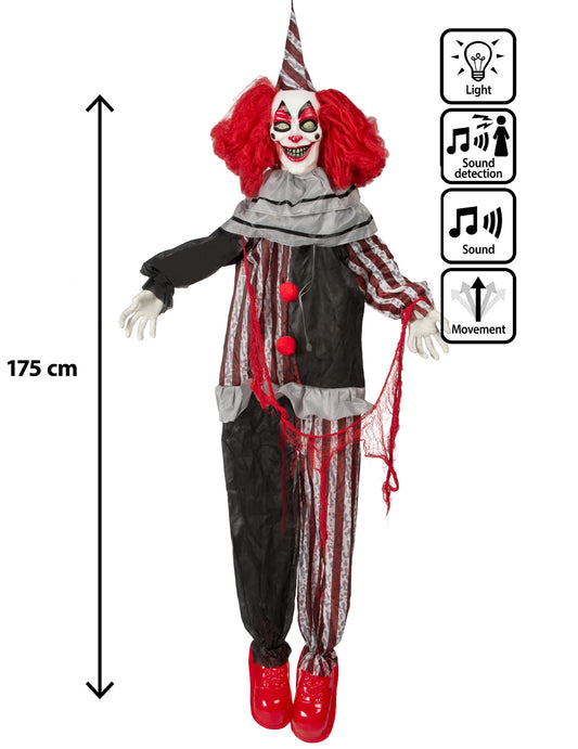 Decoración animada colgante payaso malvado con risas y movimientos 175 cm
