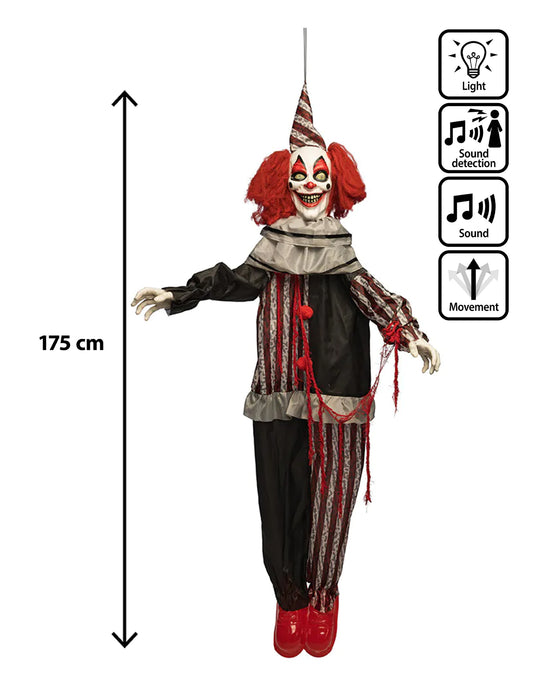 Decoración animada colgante payaso malvado con risas y movimientos 175 cm