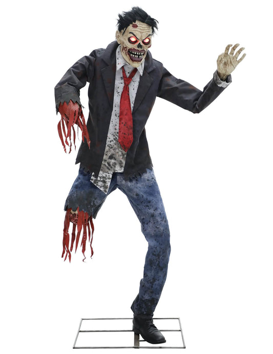 Decoración animada de zombie fracturado de 1,8 m con brazos articulados, sonidos y luces.