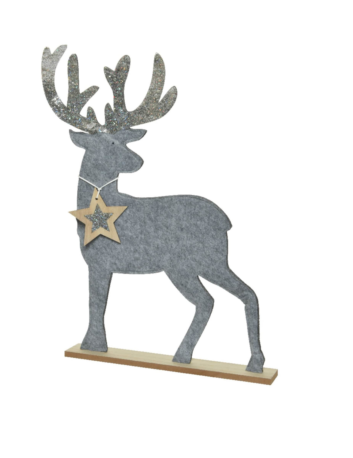 decoración de ciervo para navidad gris con purpurina plateado sobre base de madera
