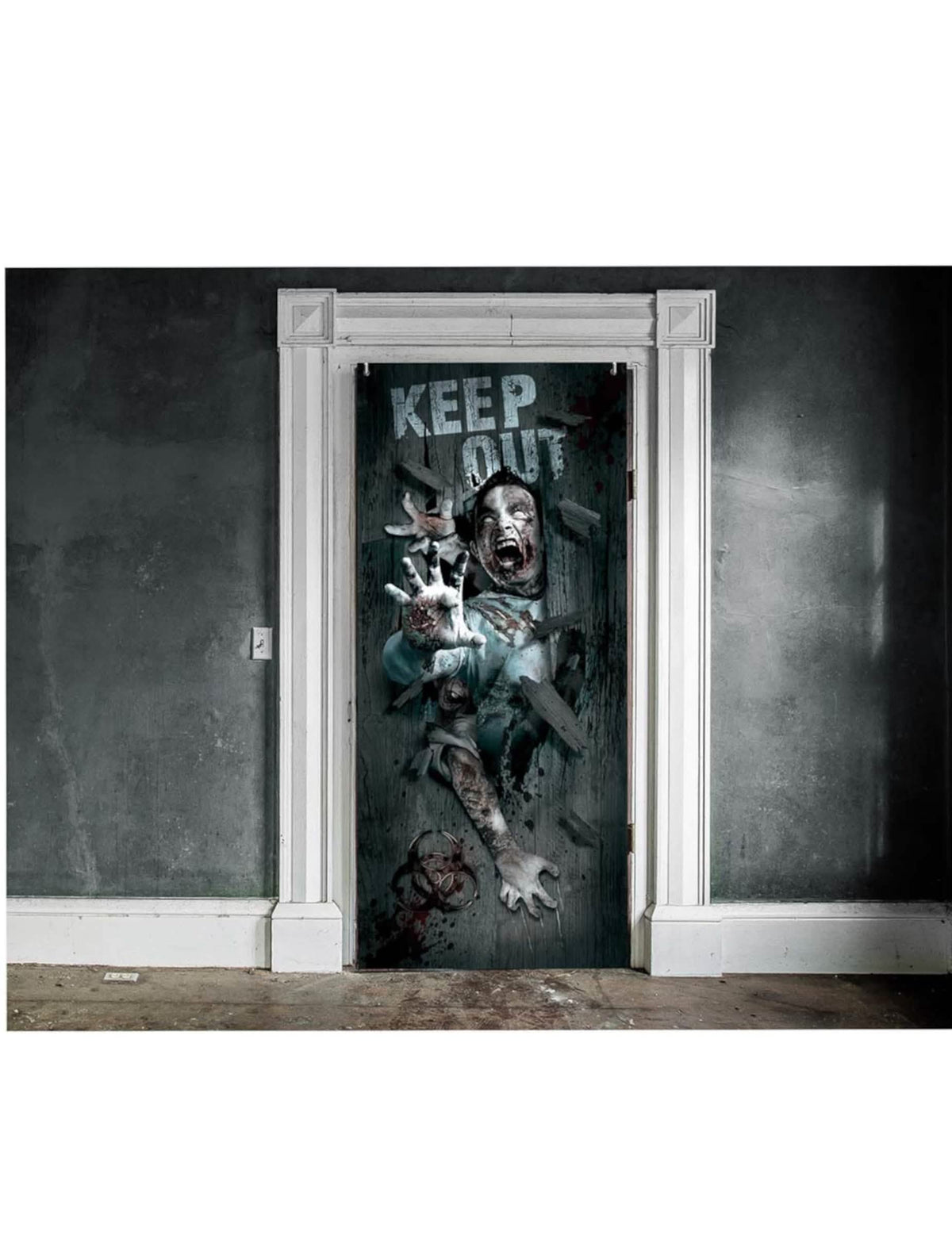 Decoración de puerta de halloween zombie gris con mensaje Keep Out y manos ensangrentadas