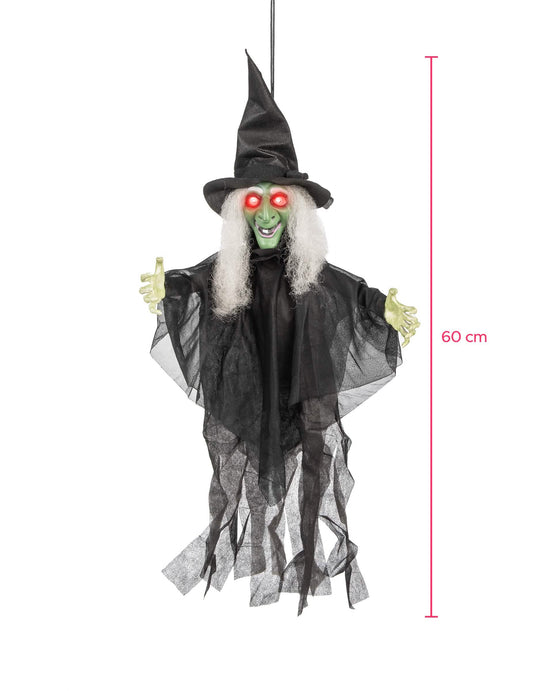 Dimensiones de la decoración de bruja animada, luminosa y parlante para halloween