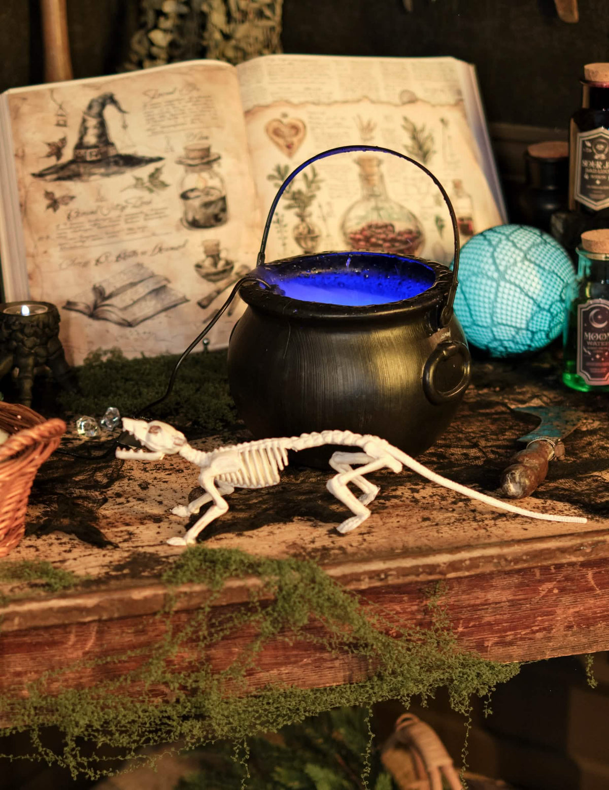 Escenificación con grimorio y caldero de la decoración de esqueleto de rata para halloween