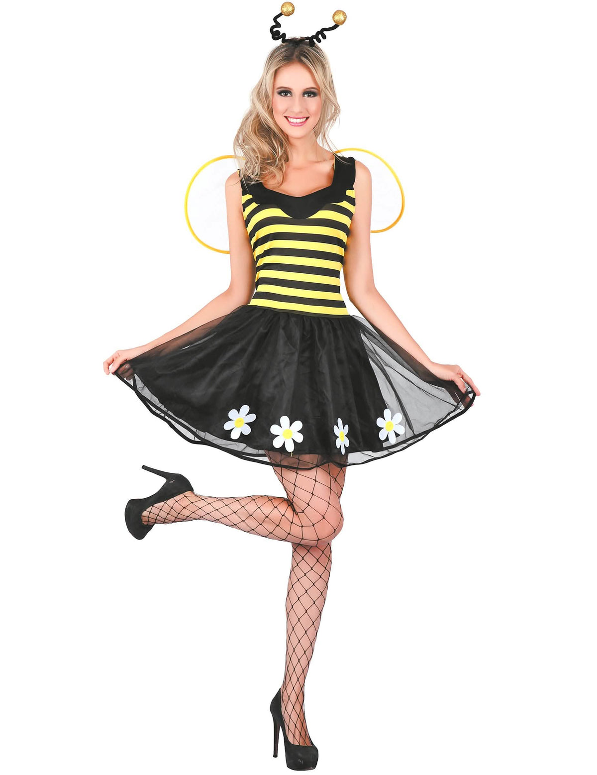 Disfraz de abeja para mujer amarillo y negro con alas y diadema