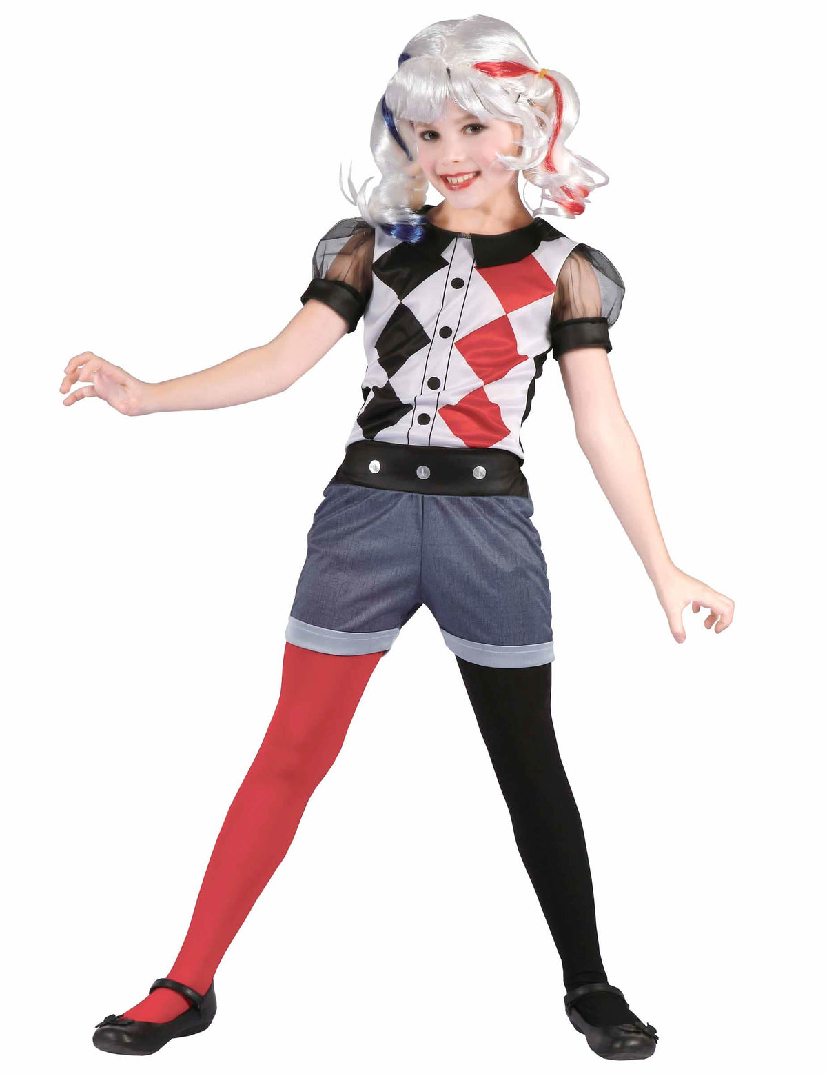 Disfraz de arlequina heroína para niña rojo y negro con short azul y medias bicolores