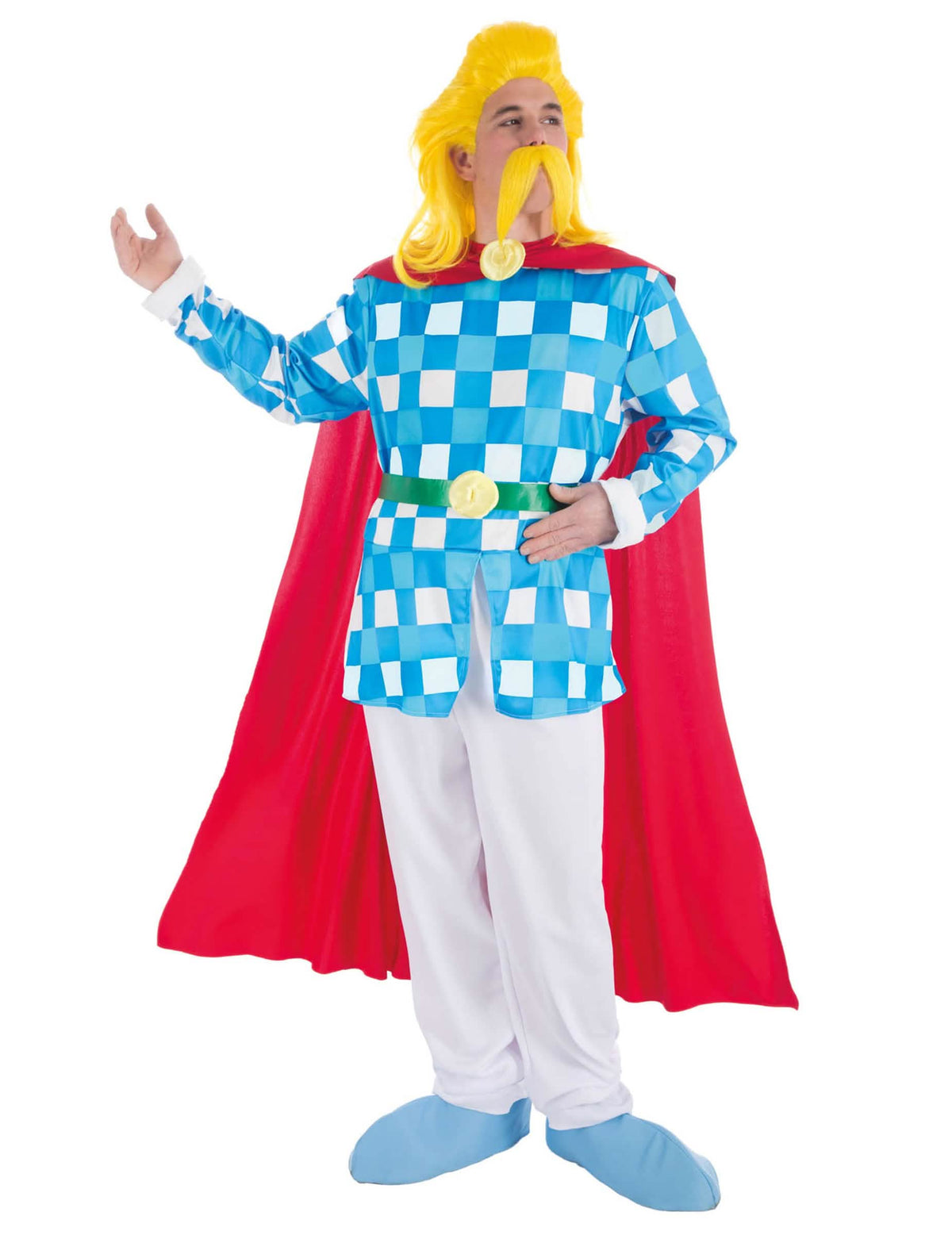 Disfraz Assurancetourix™ adulto a cuadros azul y blanco con capa rojo