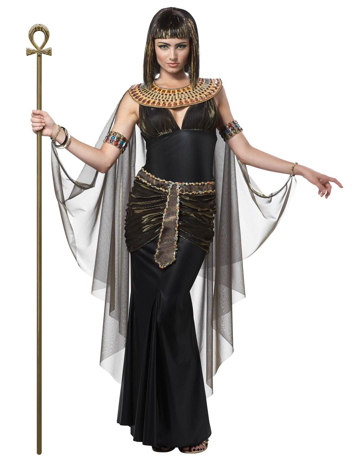 Disfraz de Cleopatra para adulto negro y dorado con cuello adornado y cetro