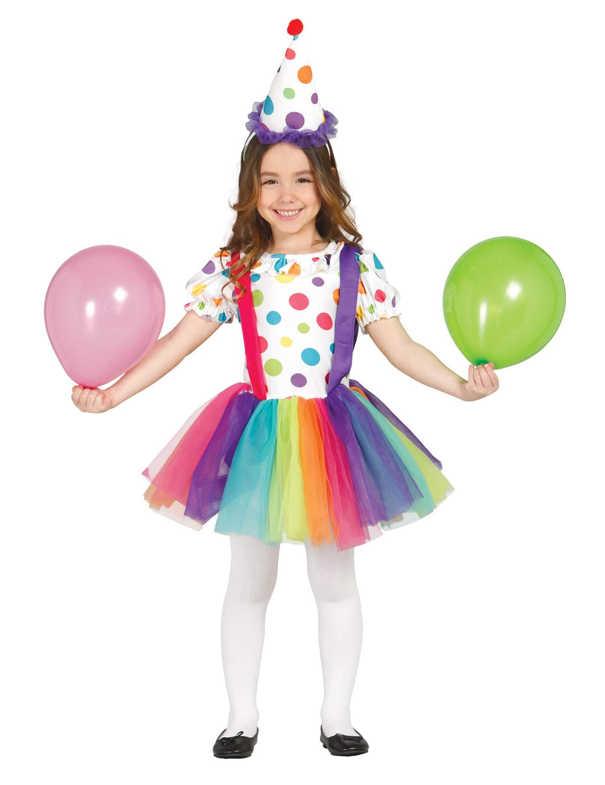 Disfraz de payaso de lunares y tutú para niña multicolor con sombrero a juego