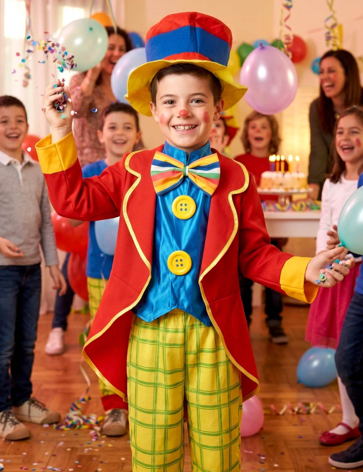 Escena festiva del disfraz de payaso divertido para niño
