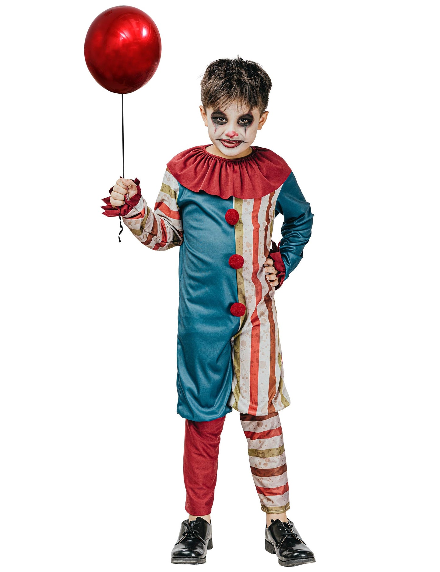 Déguisement clown coloré Halloween pour garçon bleu et rouge avec ballon rouge