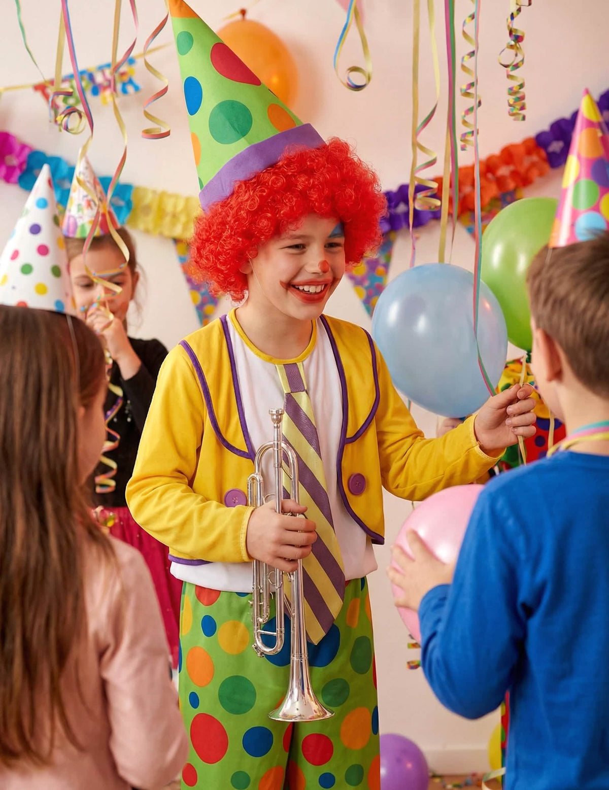 Mise en situation festive du déguisement de clown joyeux pour garçon