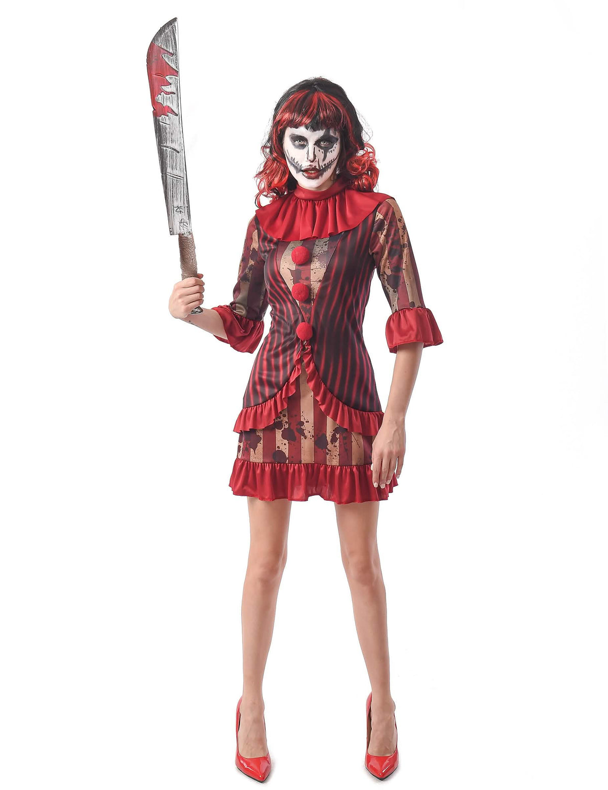 Disfraz de payaso aterrador para mujer rojo a rayas y manchas de sangre