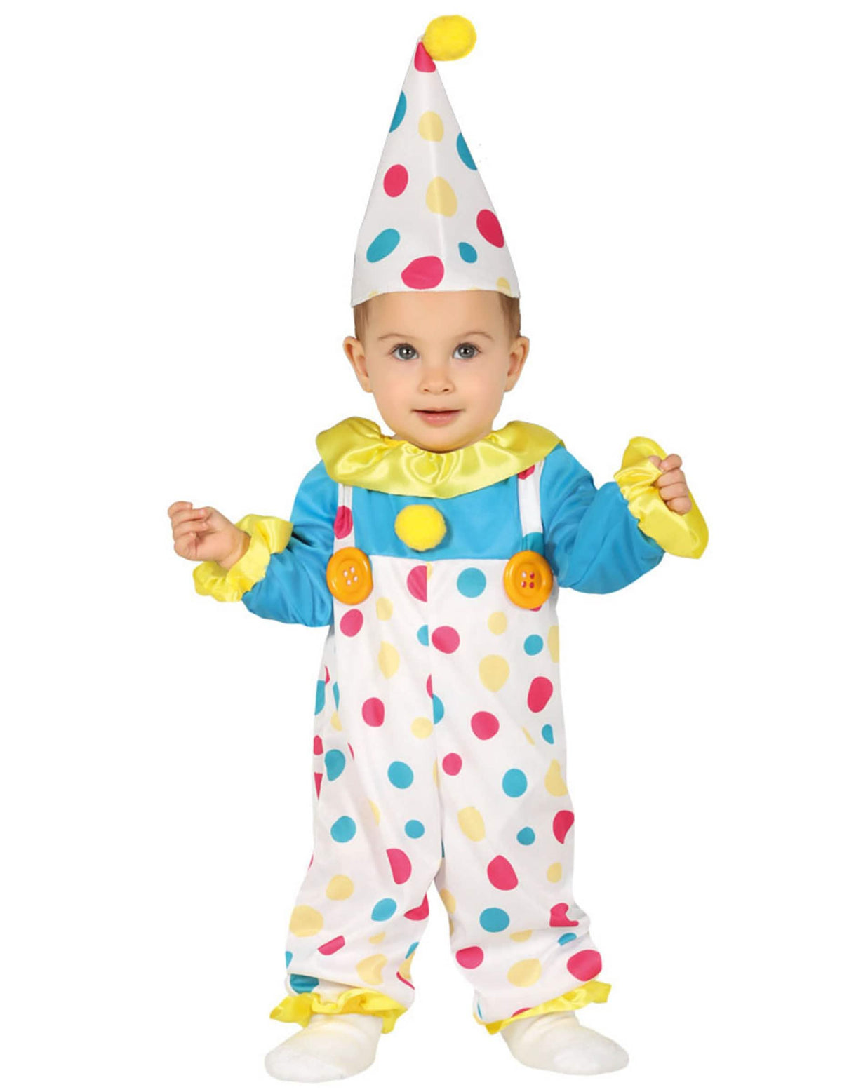 Disfraz de mono de payaso de lunares pastel para bebé multicolor con sombrero puntiagudo